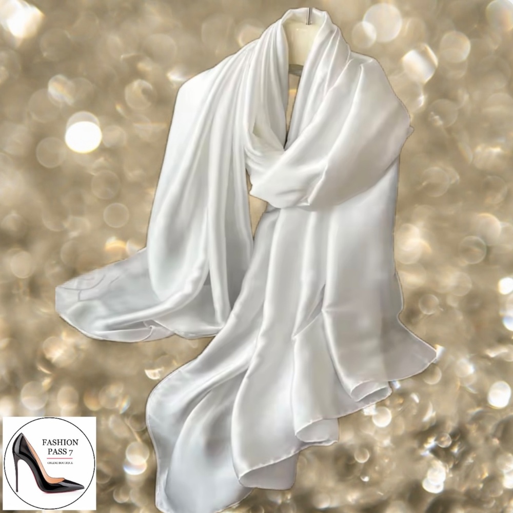 100% SILK SATIN White Large Shawl Scarf Wrap Wedding Bridal Bridesmaid Cover up - Picture 3 of 9